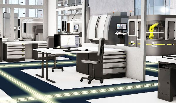 Modern industrial manufacturing floor with precision equipment and workstations